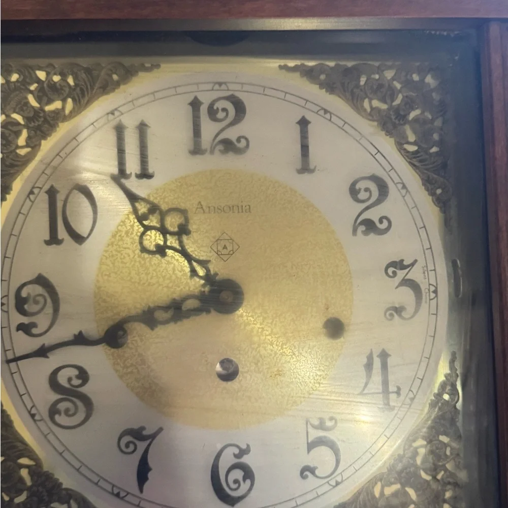 VINTAGE ANSONIA Wooden Wall Clock with Ornate Painted Flower and Chimes